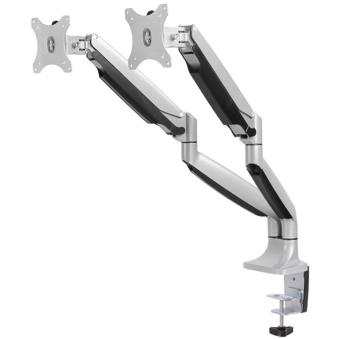 Newstar Full Motion Dual Desk Mount (clamp & grommet) for two 10-32" Monitor Screens, Height Adjustable (gas spring) - Silver