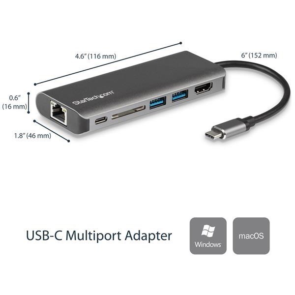 StarTech.com USB C Multiport Adapter - Portable USB Type-C Travel Dock - 4K HDMI, 2-pt USB Hub, SD, GbE, 60W PD Pass-Through - Laptop Dock