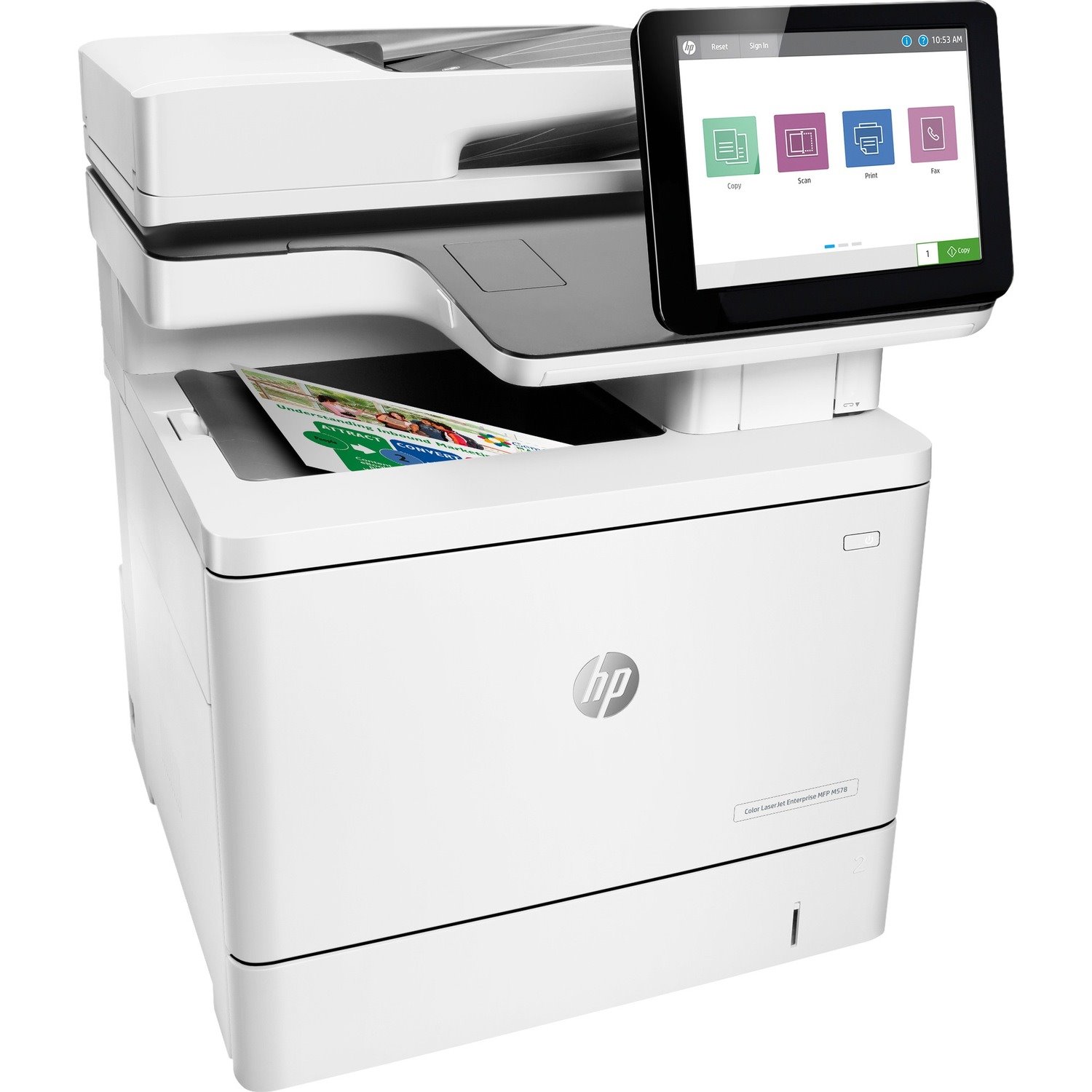 HP LaserJet M578 M578f Laser Multifunction Printer-Color-Copier/Fax/Scanner-40 ppm Mono/Color Print-1200x1200 Print-Automatic Duplex Print-80000 Pages Monthly-650 sheets Input-Color Scanner-600 Optical Scan-Color Fax-Gigabit Ethernet