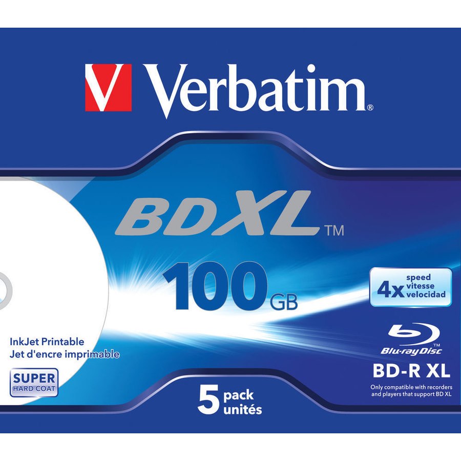 Verbatim Blu-ray Recordable Media - BD-R XL - 4x - 100 GB - 5 Pack Jewel Case