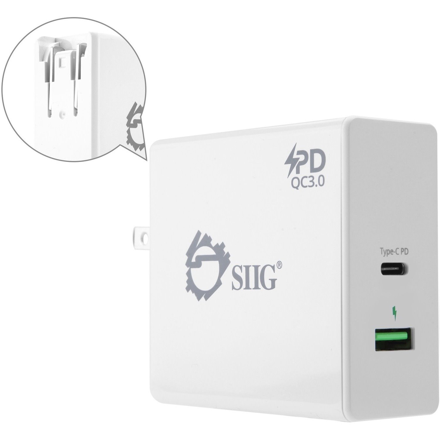 SIIG 65W USB-C PD Charger Power Delivery with QC3.0 Wall Charge