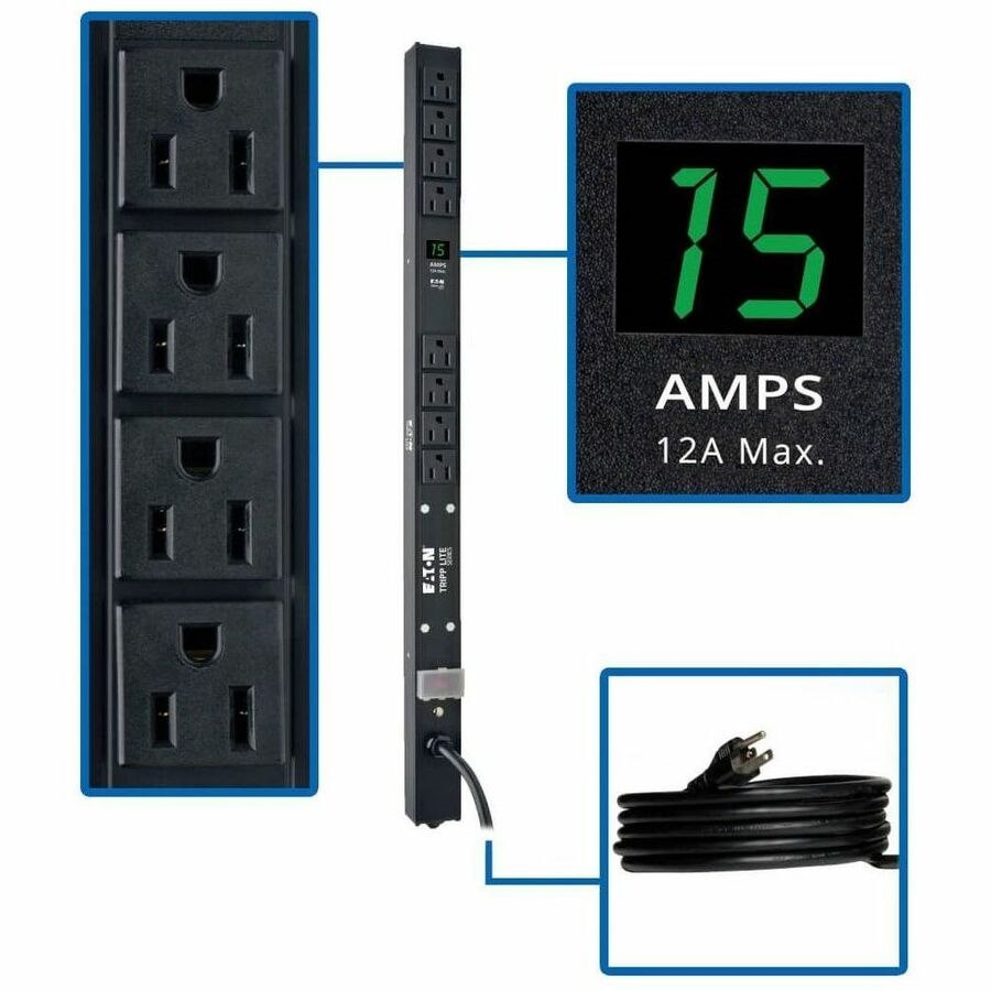 Eaton Tripp Lite Series 1.5kW Single-Phase Local Metered PDU, 100-127V Outlets (8 5-15R), 5-15P, 15 ft. (4.57 m) Cord, 0U Vertical, 24 in.