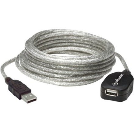 Manhattan USB-A to USB-A Extension Cable, 5m, Male to Female, Active, Translucent Silver, 480 Mbps (USB 2.0), Daisy-Chainable, Built In Repeater, USB2AAEXT5M (except colour), Hi-Speed USB, Three Year Warranty, Blister