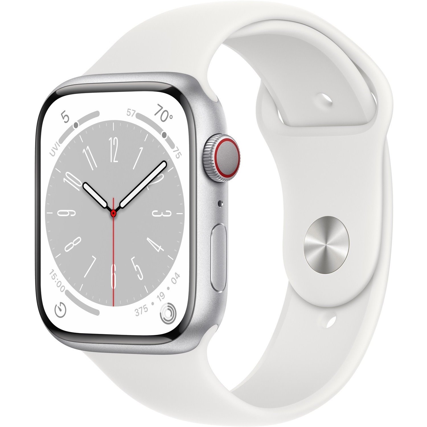 Apple Watch Series 8 Smart Watch - 45 mm Case Height - 35 mm Case Width - Silver Case Color - White Band Color - Aluminium Case Material - Fluoroelastomer Band Material - Wireless LAN - LTE, UMTS