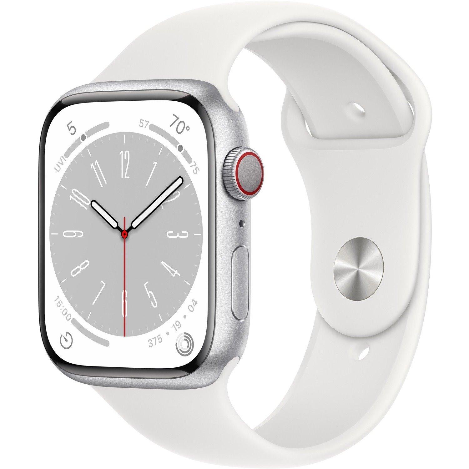 Apple Watch Series 8 Smart Watch - 41 mm Case Height - 35 mm Case Width - Silver Case Color - White Band Color - Aluminium Case Material - Fluoroelastomer Band Material - Wireless LAN - LTE, UMTS