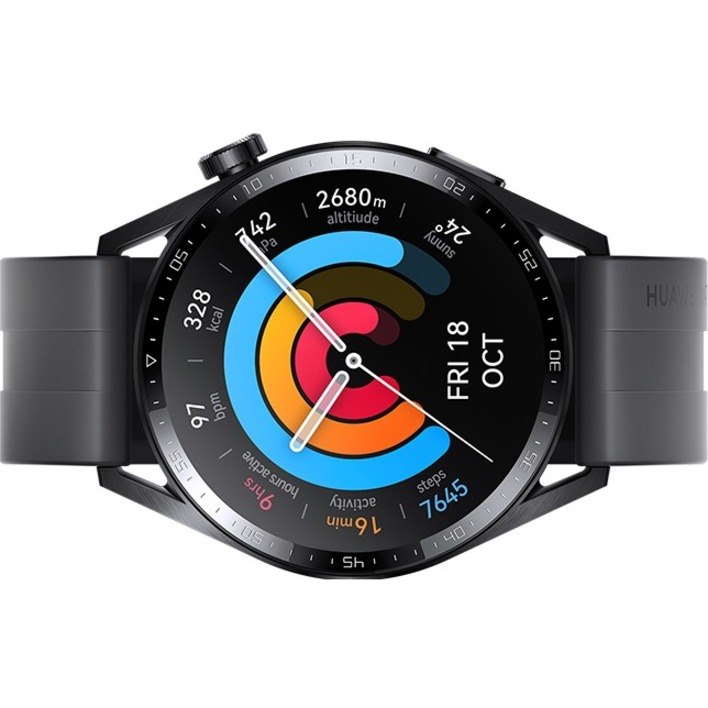 Huawei WATCH GT 3 Smart Watch - 45.90 mm Case Height - 11 mm Case Thickness - 45.90 mm Case Width - Black Case Color - Black Band Color - Plastic Body Material - Stainless Steel Case Material - Fluoroelastomer Band Material