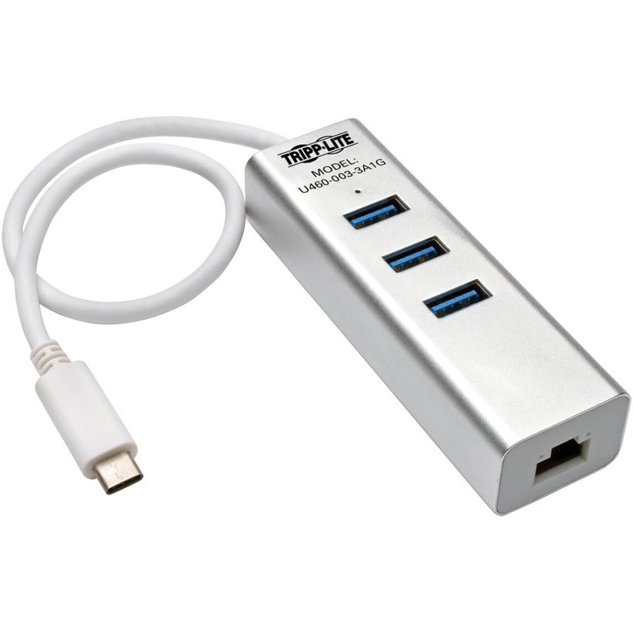 Eaton Tripp Lite Series 3-Port USB 3.x (5Gbps) Hub with LAN Port, USB-C to 3x USB-A Ports and Gigabit Ethernet, Silver