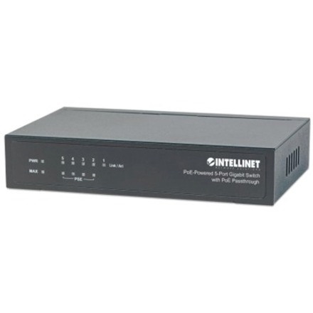 Intellinet PoE-Powered 5-Port Gigabit Switch with PoE Passthrough, 4 x PSE PoE ports, 1 x PD PoE port, IEEE 802.3at/af Power-over-Ethernet (PoE+/PoE), IEEE 802.3az Energy Efficient Ethernet, Desktop (UK Power Cord)