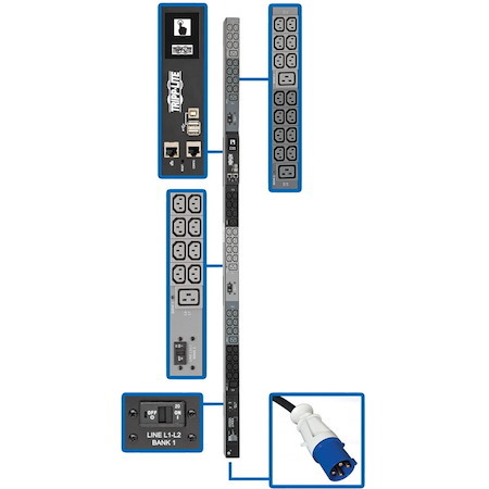 Tripp Lite by Eaton 14.5kW 200-240V 3PH Monitored PDU - LX Interface, Gigabit, 48 Outlets, IEC-309 60A Blue Input, LCD, 1.8 m Cord, 0U 1.8 m Height, TAA