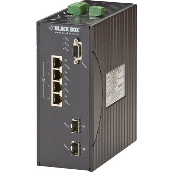 Black Box Hardened Managed Ethernet Switch, (4) 10/100-Mbps PoE+, (2) GE SFP, DIN-Rail, DC