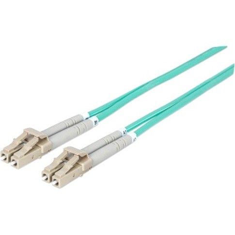 Intellinet Network Solutions Fiber Optic Patch Cable, LC/LC, OM3, 50/125, Multimode, Duplex, Aqua, 33 ft (10 m)