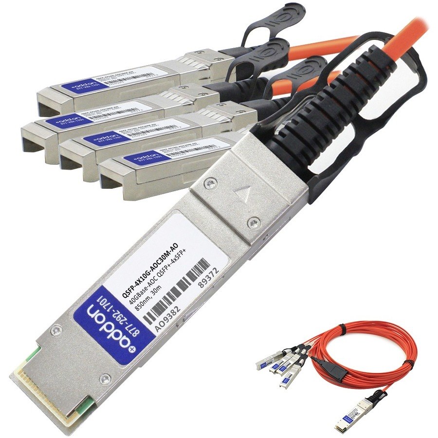 AddOn Cisco Compatible TAA Compliant 40GBase-AOC QSFP+ to 4xSFP+ Direct Attach Cable (850nm, MMF, 30m)