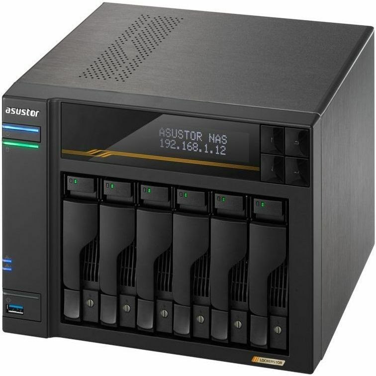 Asustor Lockerstor 6 Gen3 AS6806T 6 Bay NAS, AMD Ryzen Quad-Core 2.3 GHz, 16GB RAM ECC DDR5, 4 M.2 NVMe Slots, Dual 5GbE and Dual 10GbE Port, USB 4.0 Type-C, Network Attached Storage (Diskless)