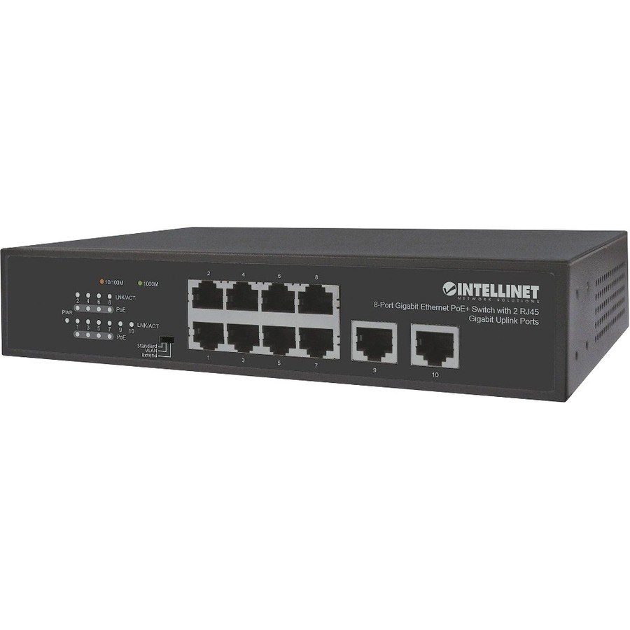 Intellinet 8-Port Gigabit Ethernet PoE+ Switch with 2 RJ45 Gigabit Uplink Ports