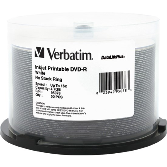 Verbatim DataLifePlus 95078 DVD Recordable Media - DVD-R - 16x - 4.70 GB - 200 Pack Spindle - White