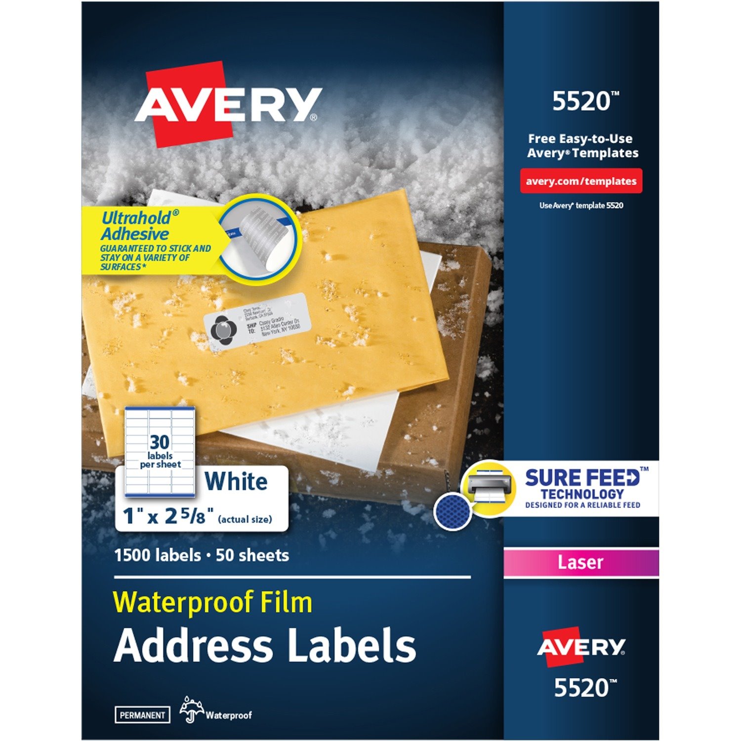 Avery&reg; 1" x 2-5/8" Labels, Ultrahold, 1,500 Labels (5520)