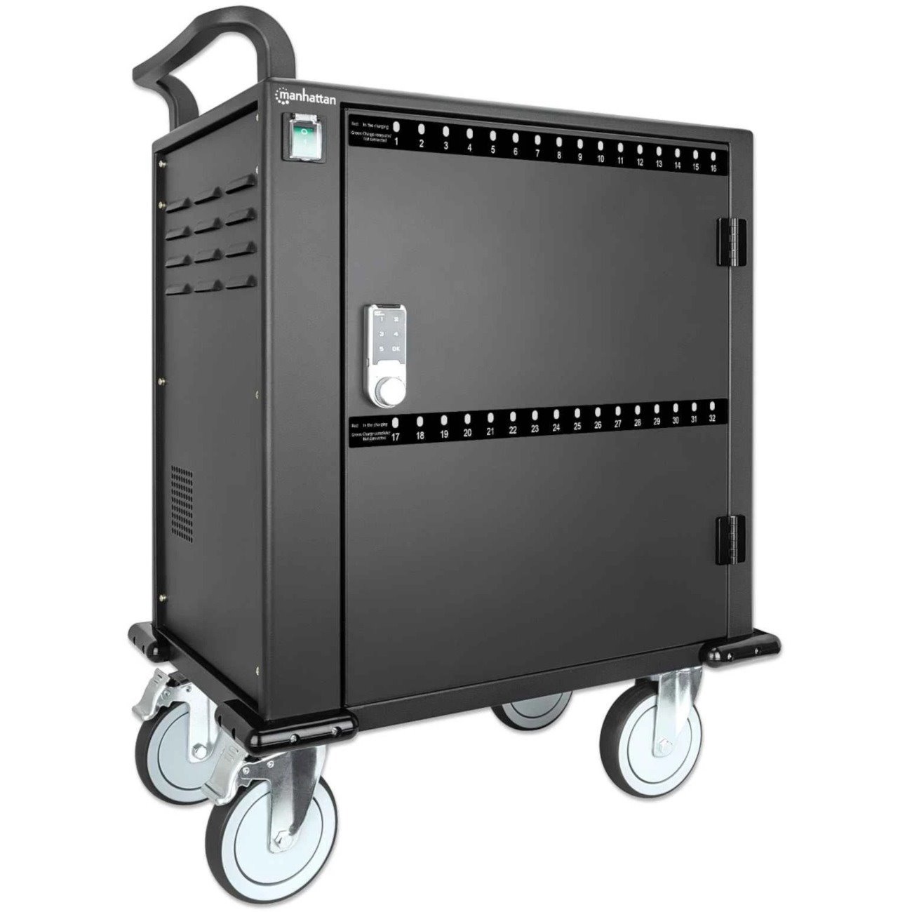 Charging Cabinet/Cart via USB-C x32 Devices, Trolley, Power Delivery 18W per port (576W total), Suitable for iPads/other tablets/phones/smaller chromebooks, Bays 330x22x235mm, Device charging cables not included, Lockable (PIN code), EU & UK power cords