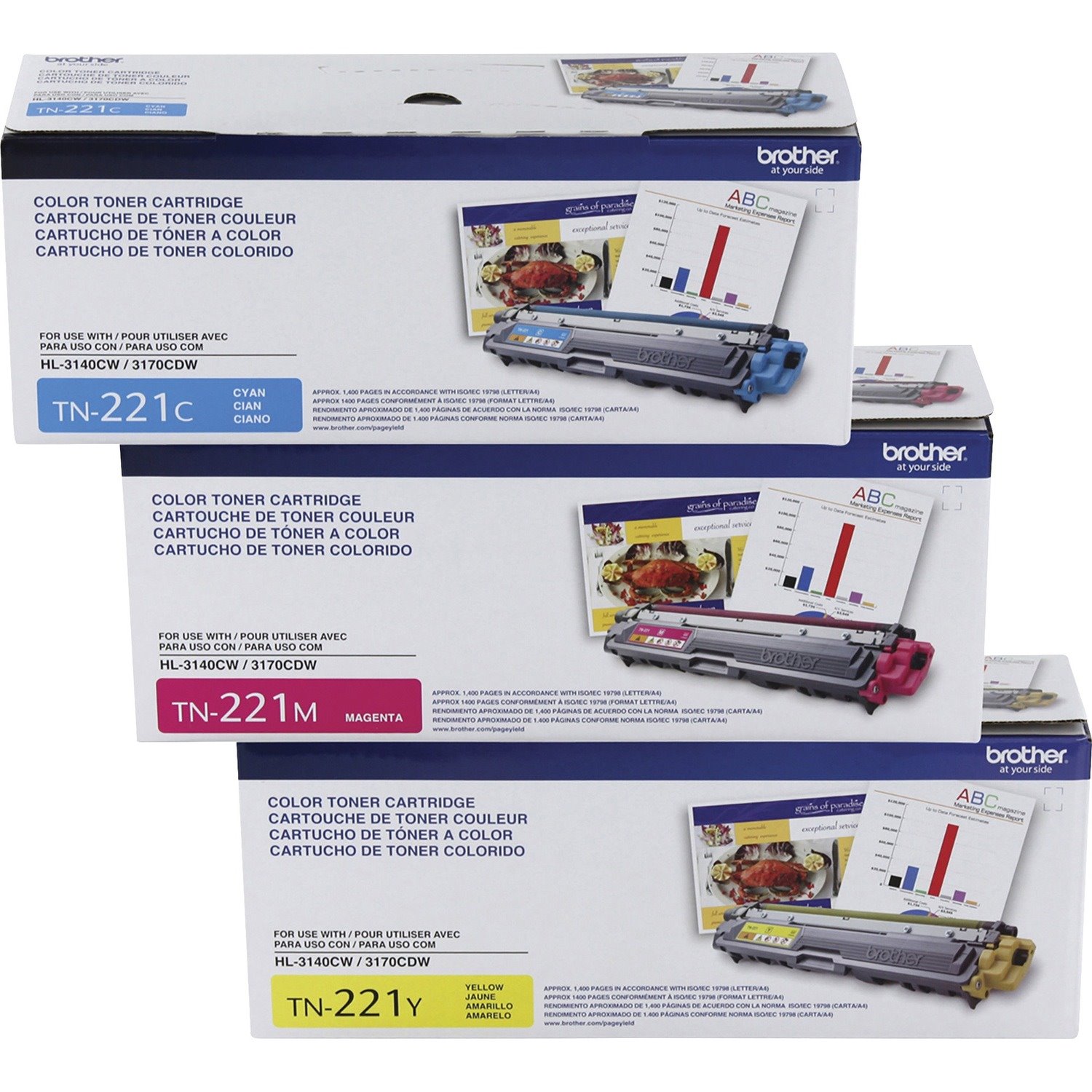 Brother TN221 Original Standard Yield Laser Toner Cartridge - Multi-pack - Cyan, Magenta, Yellow - 3 / Box