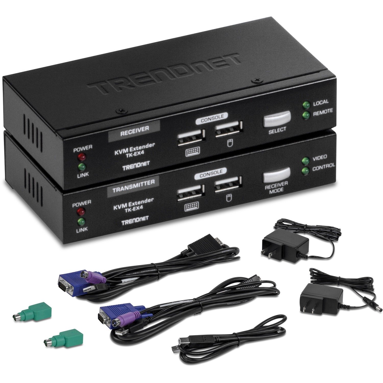 TRENDnet KVM Extension Kit, Extend Keyboard/Video/Mouse Controls, up to 100 Meters (328 ft.), Hot-Keys, Transmitter, Receiver, PS/2, VGA, TK-EX4