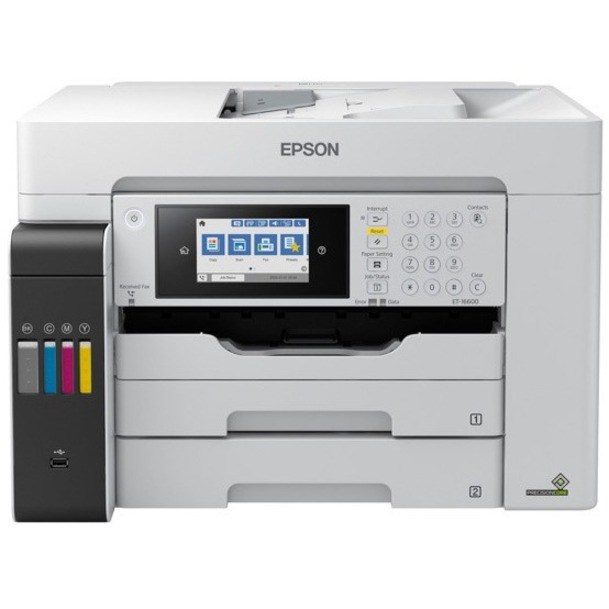 Epson ET-16600 Inkjet Multifunction Printer-Color-Copier/Fax/Scanner-4800x1200 dpi Print-Automatic Duplex Print-66000 Pages-550 sheets Input-1200 dpi Optical Scan-Color Fax-Wireless LAN-Epson Connect-Epson Email Print-Epson iPrint-Mopria