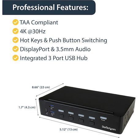 StarTech.com 4 Port DisplayPort KVM Switch - DP KVM Switch with Audio and Built-in USB 3.0 Hub for Peripherals - 4K 30Hz (SV431DPU3A2)