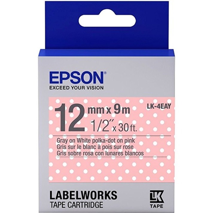 Epson LabelWorks Standard LK Tape Cartridge ~1/2" Gray on Pink Polka-Dot