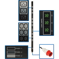 Tripp Lite by Eaton 11.5kW 3-Phase Local Metered PDU, 208-240V (36 C13 & 9 C19), IEC-309 16/20A Red, 360-415V Input, 6 ft. (1.83 m) Cord, 0U Vertical