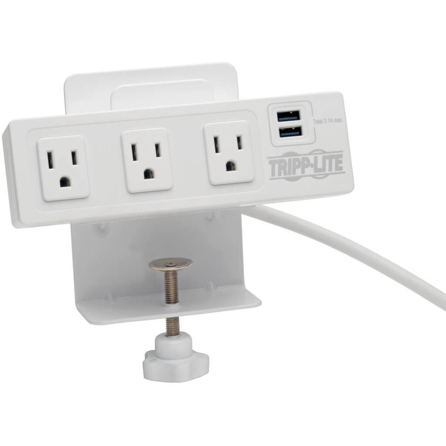 Tripp Lite by Eaton 3-Outlet Surge Protector with 2 USB Ports, 10 ft. (3.05 m) Cord - 510 Joules, Desk Clamp, White Housing