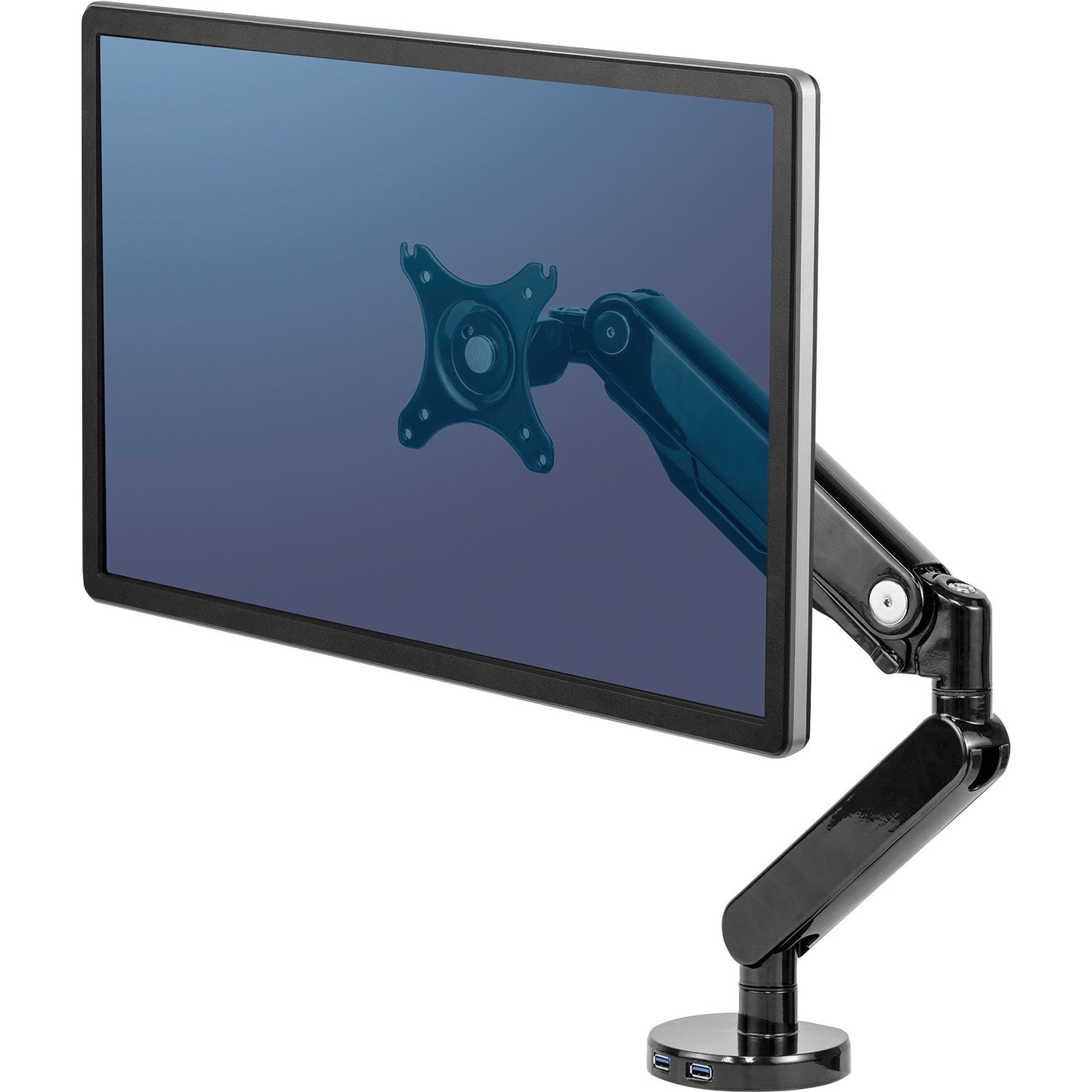 Fellowes Platinum Series High Quality Single Monitor Arm for 32-Inch Monitors, Full Motion, 360&deg; Rotation, VESA Mount with Grommet or Clamp, USB Ports, Ergonomic, Black