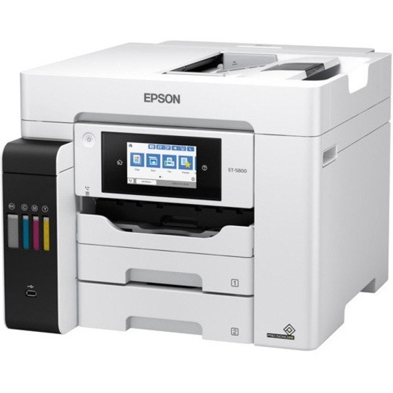 Epson ET-5800 Inkjet Multifunction Printer-Color-Copier/Fax/Scanner-4800x1200 dpi Print-Automatic Duplex Print-66000 Pages-550 sheets Input-1200 dpi Optical Scan-Color Fax-Wireless LAN-Epson Connect-Epson Email Print-Epson iPrint-Mopria