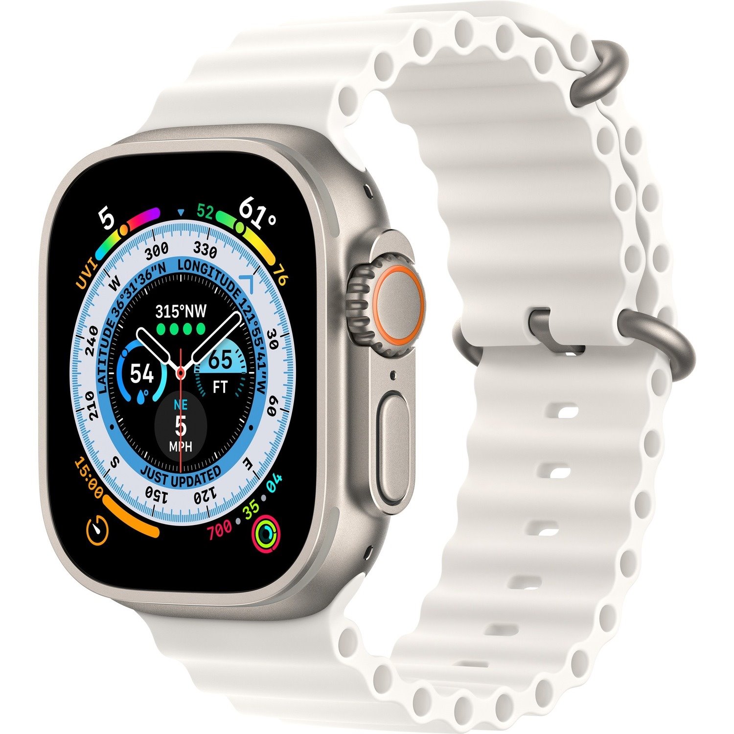 Apple Watch Ultra Smart Watch - 49 mm Case Height - 44 mm Case Width - Titanium Case Color - White Band Color - Titanium Case Material - Elastomer Band Material - Wireless LAN - LTE, UMTS