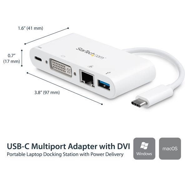 StarTech.com USB C Multiport Adapter to DVI-D (Digital) Video - 60W PD Passthrough/GbE/USB-A - Portable USB Type-C/Thunderbolt 3 Mini Dock