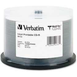 Verbatim MediDisc CD-R 700MB 52X White Inkjet Printable with Branded Hub - 50pk Spindle