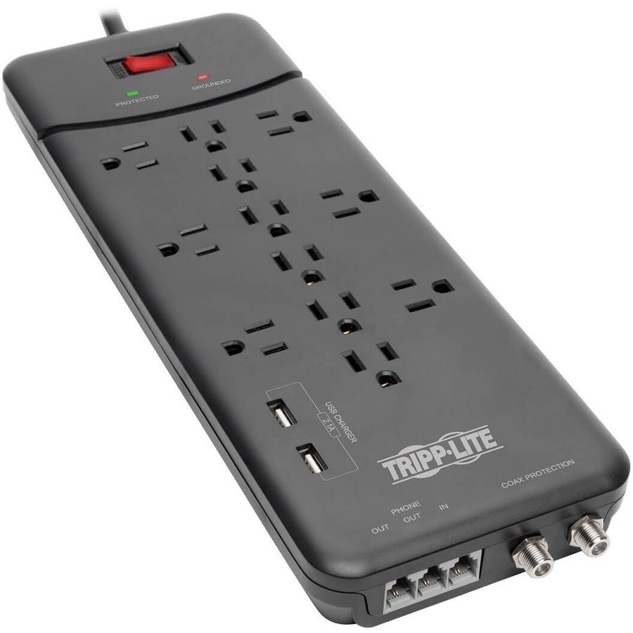 Eaton Tripp Lite Series Protect It! 12-Outlet Surge Protector, 8 ft. (2.43 m) Cord, 4320 Joules, Tel/Modem/Coax Protection, 2 USB Ports, Black