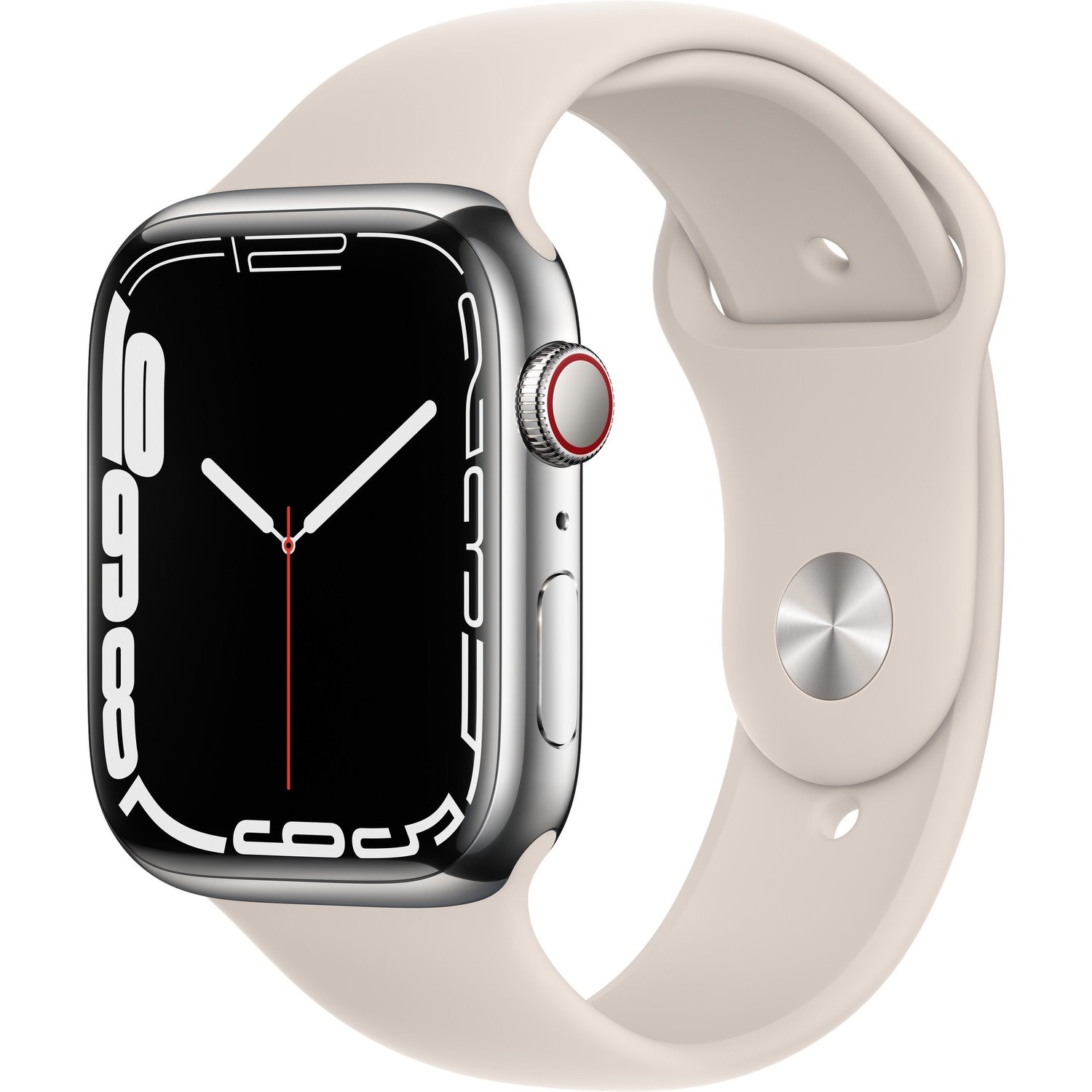 Apple Watch Series 7 Smart Watch - 45 mm Case Height - 38 mm Case Width - Silver Case Color - Starlight Band Color - Sapphire Crystal Body Material - Stainless Steel Case Material - Fluoroelastomer Band Material - Wireless LAN - LTE, UMTS