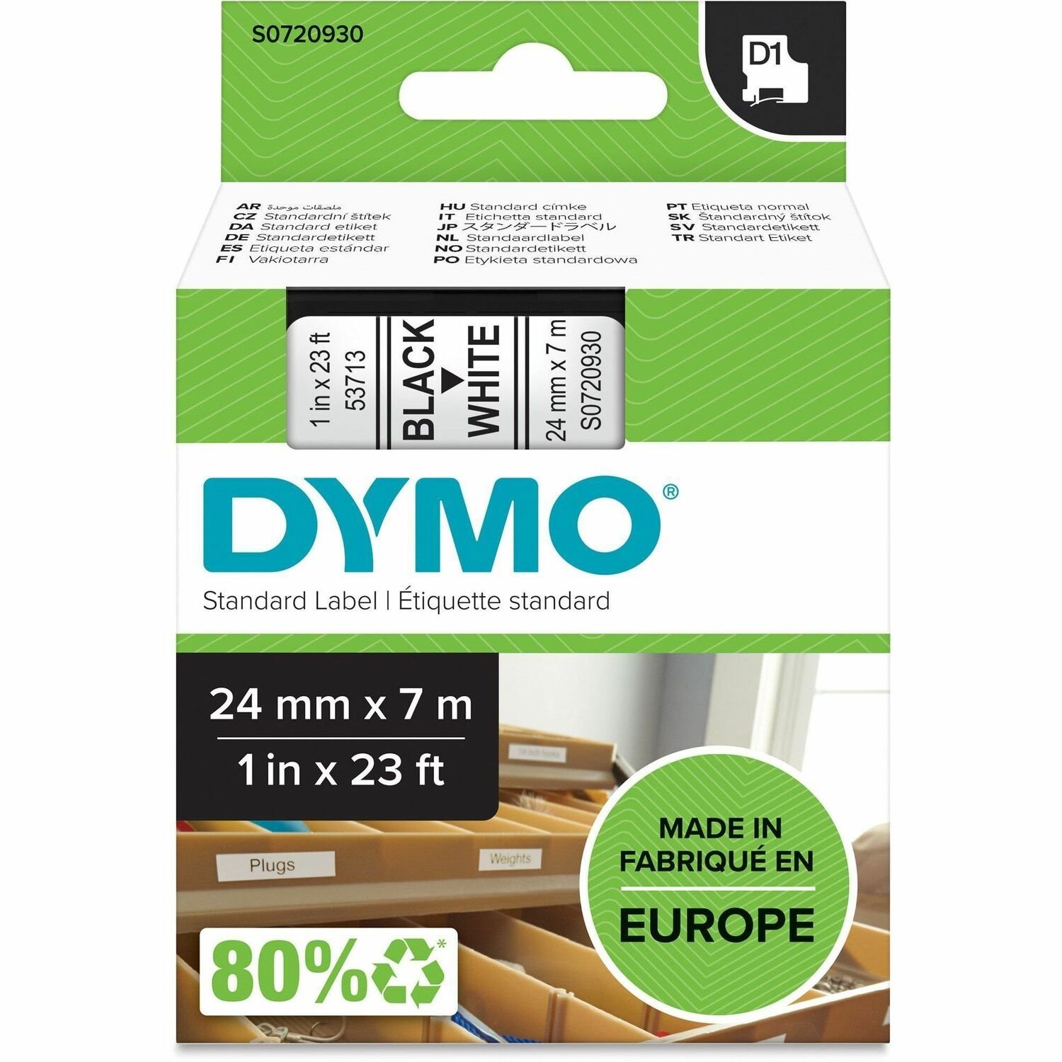 Dymo S0720930 D1 53713 Tape 24mm x 7m Black on White