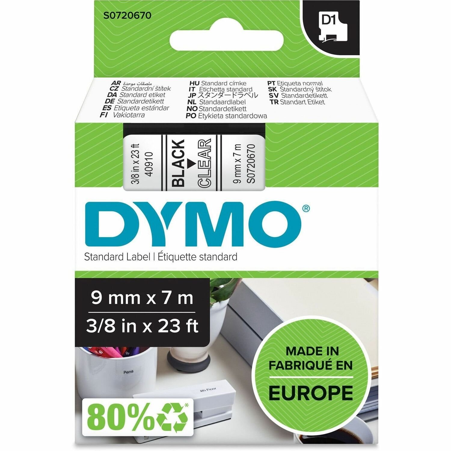 Dymo S0720670 D1 40910 Tape 9mm x 7m Black on Clear