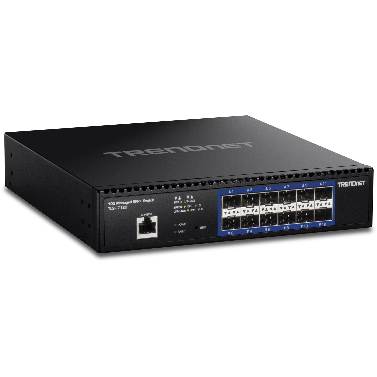 TRENDnet 12-Port 10G Layer 2 Managed SFP+ Switch, TL2-F7120, 12 x 10G SFP+ Ports, 240Gbps Switching Capacity, Supports 10GBASE-X / 1000BASE-FX SFP Fiber Modules, Lifetime Protection, Black