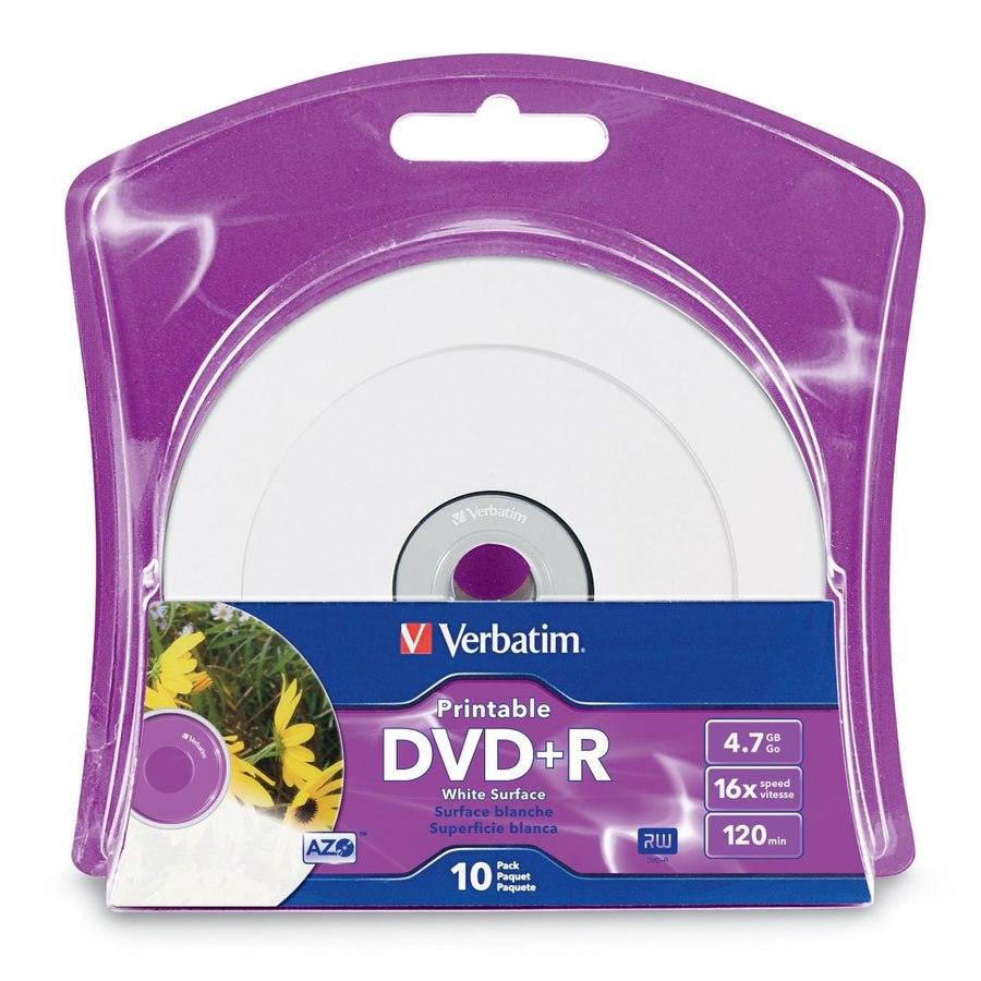 Verbatim DVD+R 4.7GB 16X White Inkjet Printable with Branded Hub - 10pk Blister