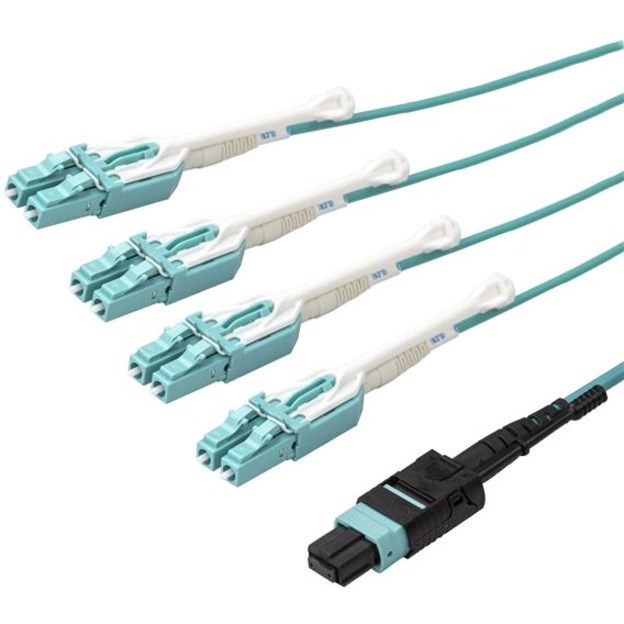 StarTech.com 3m (10ft) MTP(F)/PC to 4x LC/PC Duplex Breakout OM3 Multimode Fiber Optic Cable, 40G, Low Insertion Loss, Fiber Jumper Cord