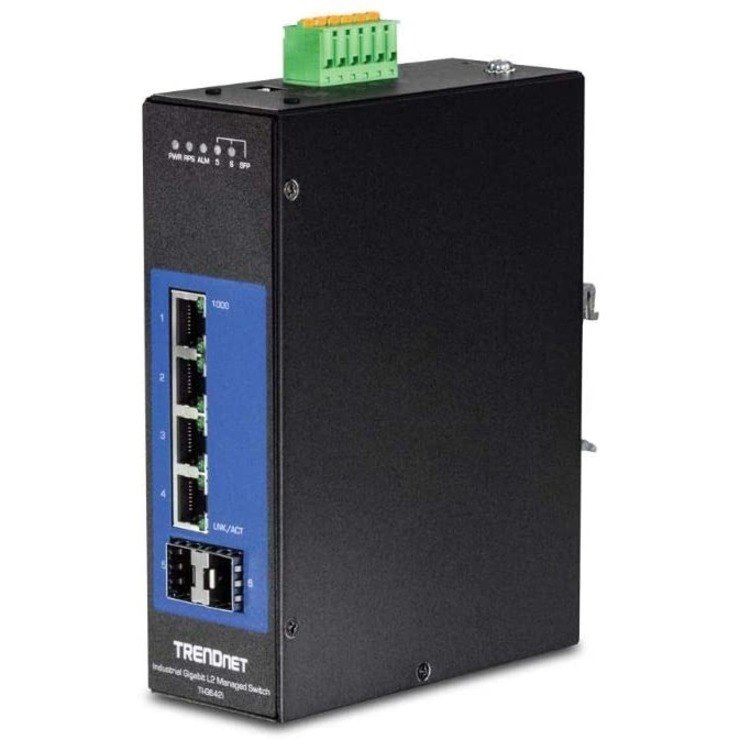 TRENDnet 6-Port Industrial Gigabit L2 Managed DIN-Rail Switch; 4 x Gigabit Ports; 2 x SFP Slots; DIN-Rail Mount; IP30; VLAN; QoS; LACP; STP/RSTP; Bandwidth management; Lifetime Protection; TI-G642i