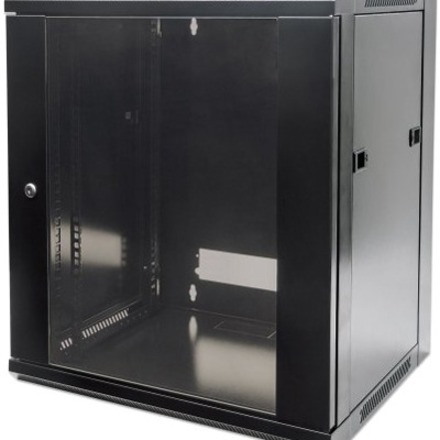 Network Cabinet, Wall Mount (Standard), 12U, 450mm Deep, Black, Flatpack, Max 60kg, Metal & Glass Door, Back Panel, Removeable Sides, Suitable also for use on a desk or floor, 19" , Parts for wall installation not included, Three Year Warranty