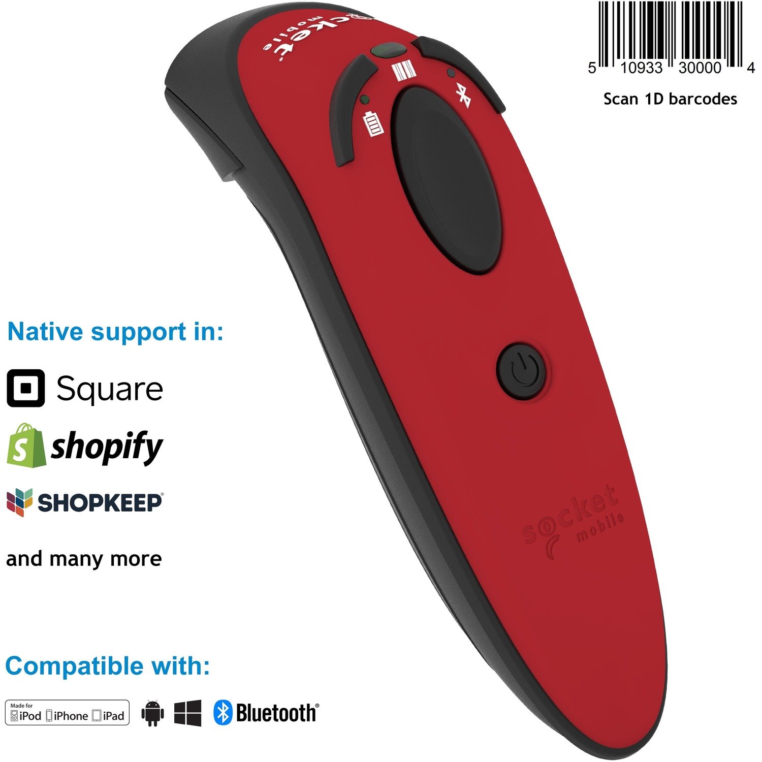 Socket Mobile DuraScan&reg; D730, Laser Barcode Scanner, Red