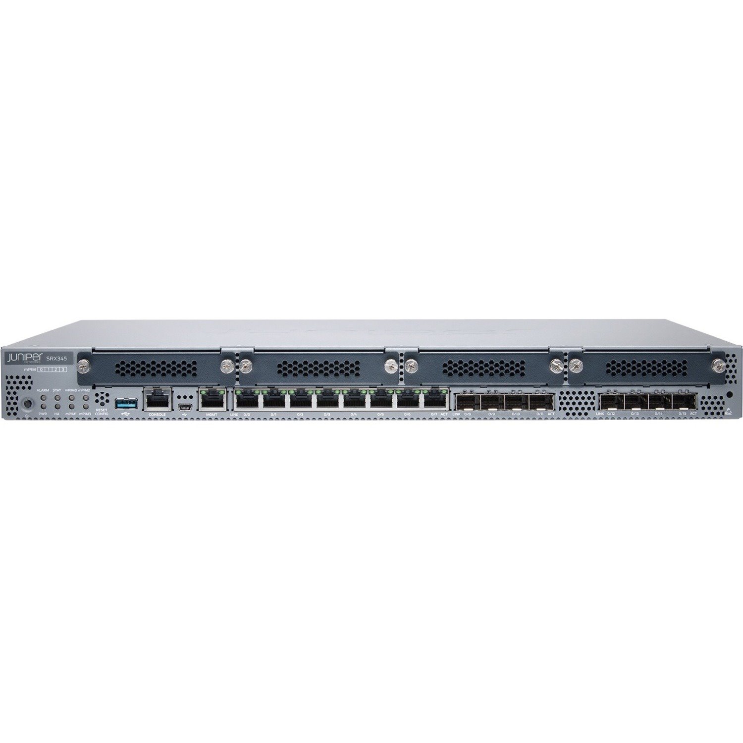 SRX345 Services Gateway includes hardware (16GE, 4x MPIM slots, 4G RAM, 8G Flash, dual AC power supply, cable and RMK) and Junos Software Base (Firewall, NAT, IPSec, Routing, MPLS and Switching).		