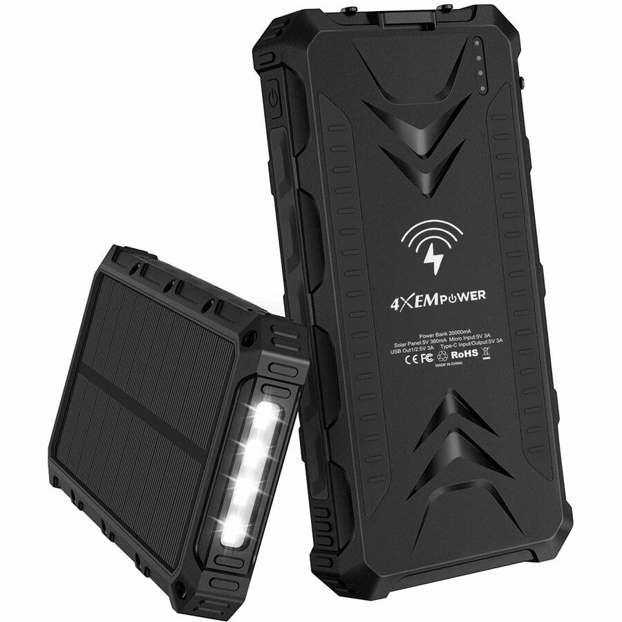 4XEM 20,000 maH Mobile Solar Power Bank and Charger (Black)