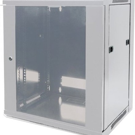 Network Cabinet, Wall Mount (Standard), 12U, 600mm Deep, Grey, Flatpack, Max 60kg, Metal & Glass Door, Back Panel, Removeable Sides, Suitable also for use on a desk or floor, 19" , Parts for wall installation not included, Three Year Warranty