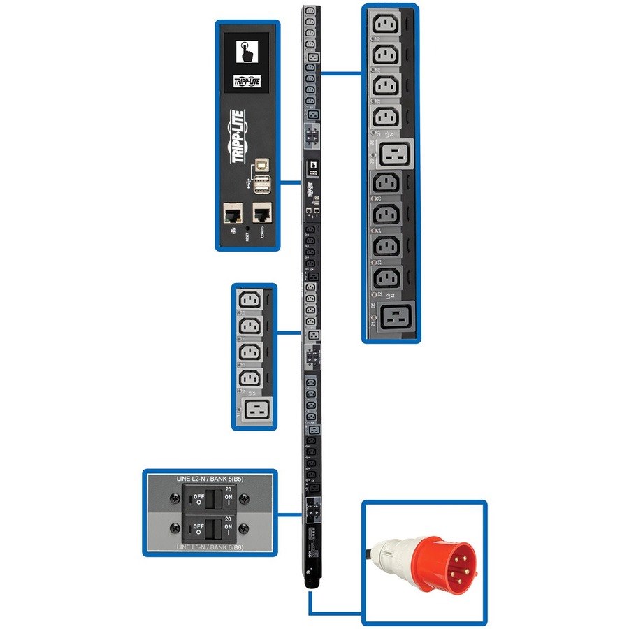 Eaton 23kW 220-240V 3PH Switched PDU - LX Interface, Gigabit, 30 Outlets, IEC 309 32A Red 380-415V Input, LCD, 1.8 m Cord, 0U 1.8 m Height, TAA