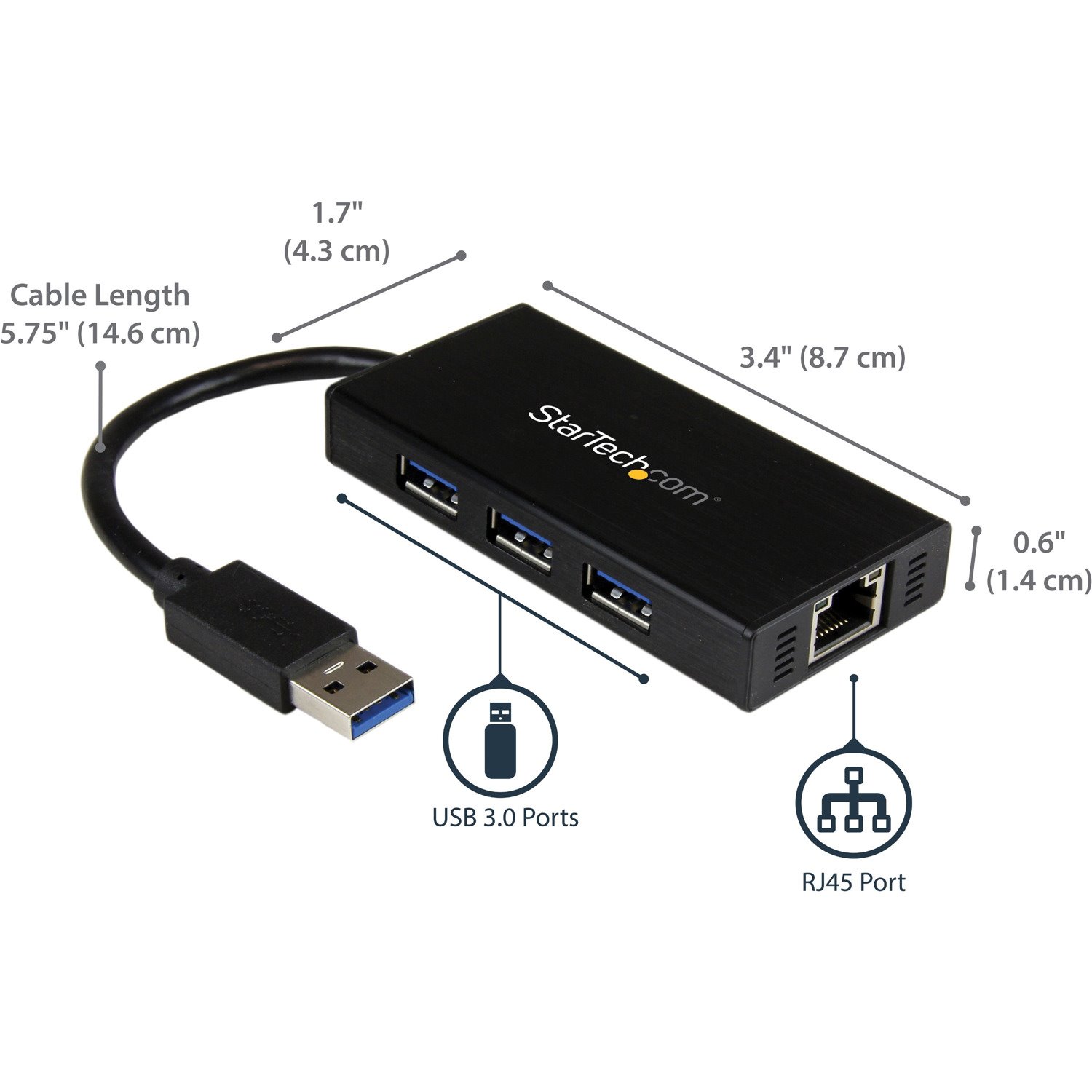 StarTech.com 3 Port Portable USB 3.0 Hub with Gigabit Ethernet Adapter NIC - 5Gbps - Aluminum w/ Cable