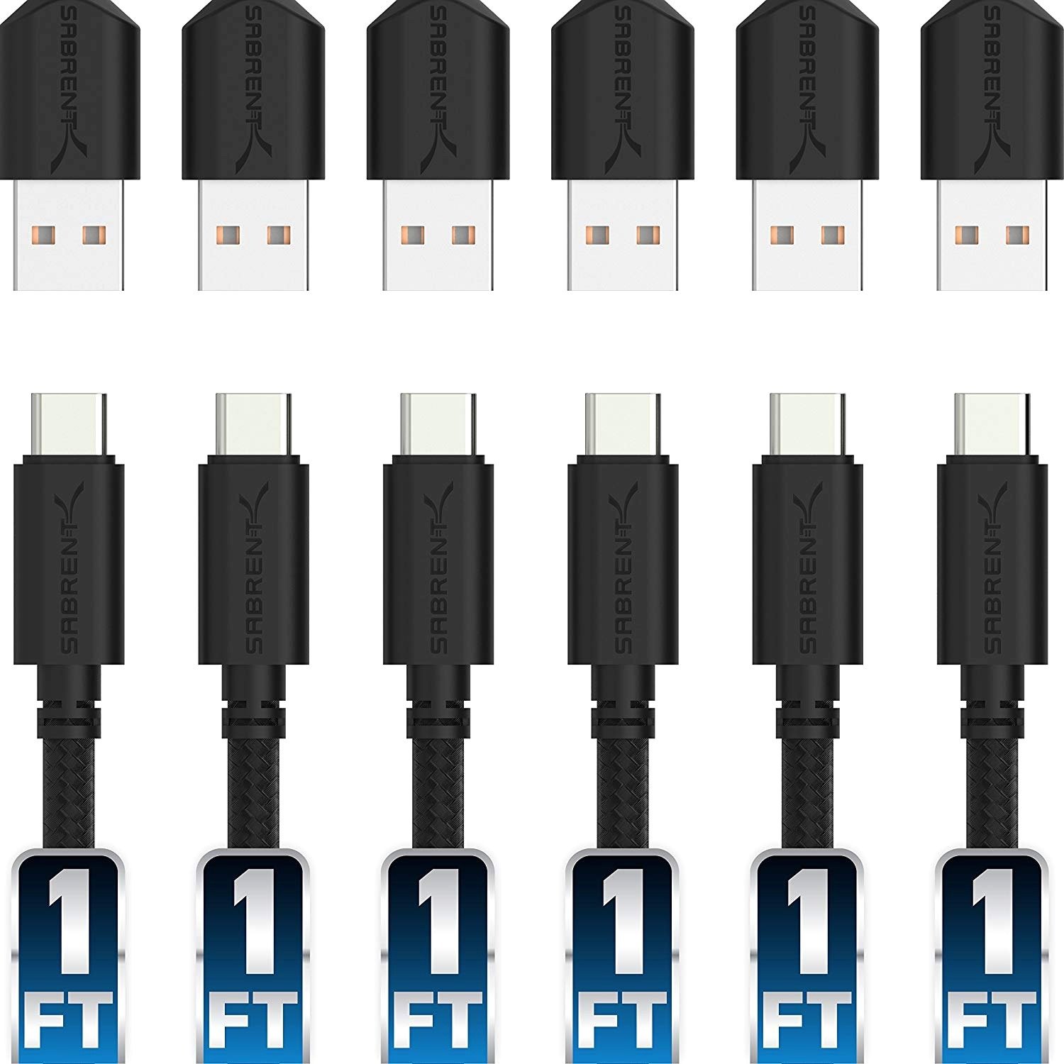 Sabrent 6-Pack 22AWG Premium 1ft USB-C to USB A 2.0 Sync and Charge Cables (CB-C6X1)