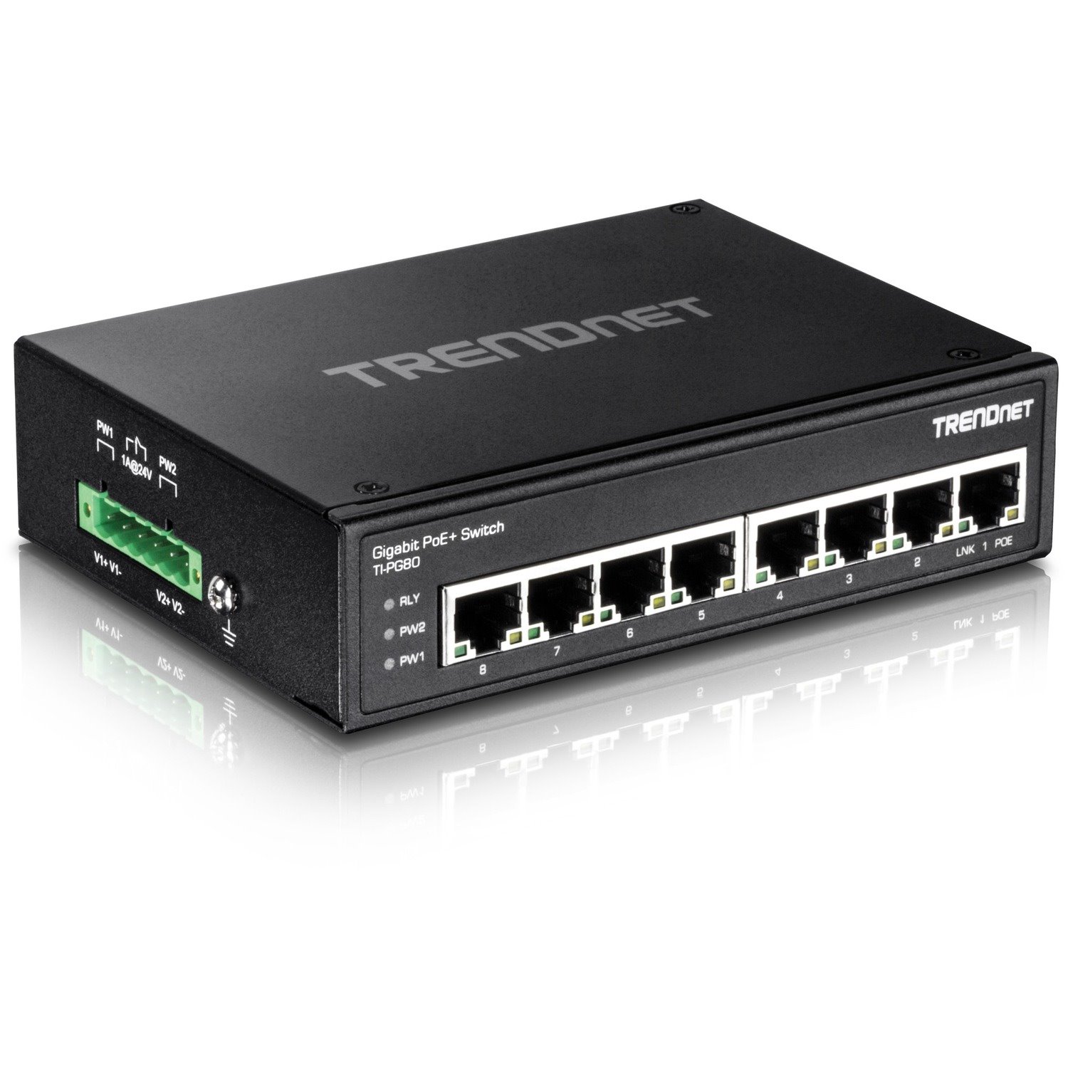 TRENDnet 8-Port Hardened Industrial Unmanaged Gigabit PoE+ DIN-Rail Switch, 200W Full PoE+ Power Budget, 16 Gbps Switching Capacity, IP30 Rated Network Switch, Lifetime Protection, Black, TI-PG80